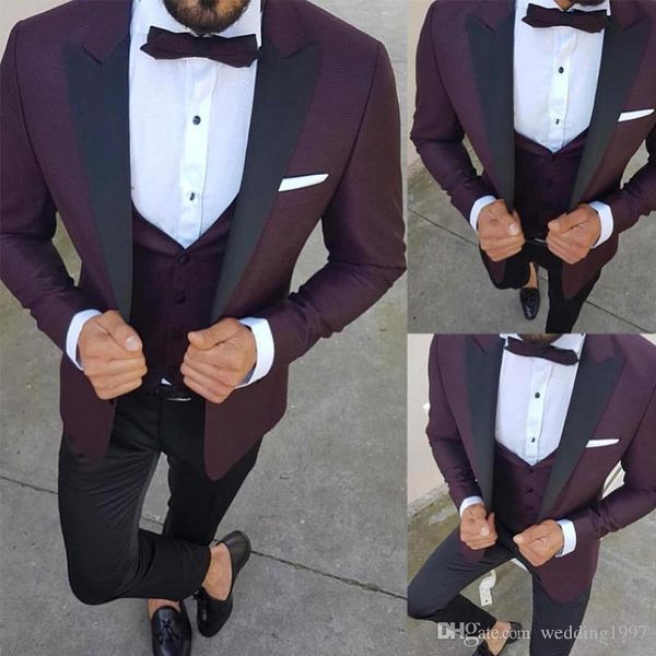 

slim fit men suits black peaked lapel blazer three piece wedding groom tuxedos jacket pants vest, Black;gray
