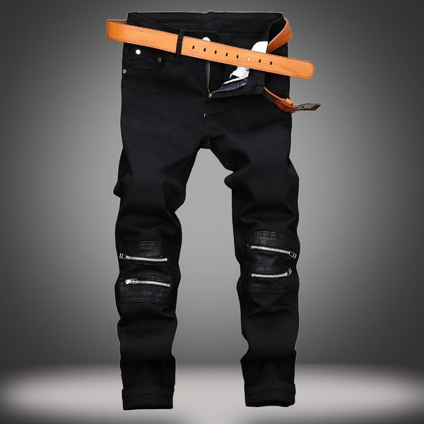 

classic black men's denim jeans with zippers patches skinny punk jeans for men stretch hip hop designer plus size 40, Blue