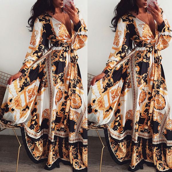 

женщины summer sexy глубокий v шеи длинным рукавом boho цветочные печати wrap длинное платье отдыха коктейль партии maxi сыпучие платья наря, Black;gray