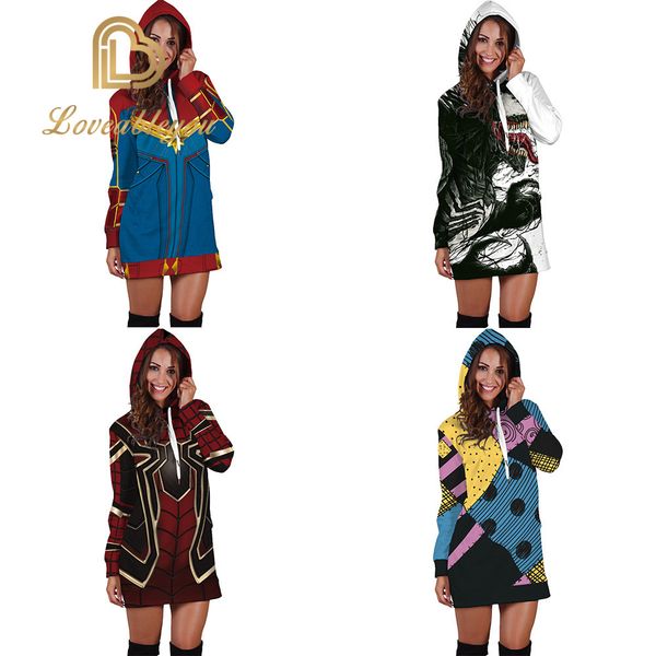 

superhero the avengers spiderman iron man hoodies autumn women sweatshirt dress slim long sleeve pullovers hooded dresses, Black;gray