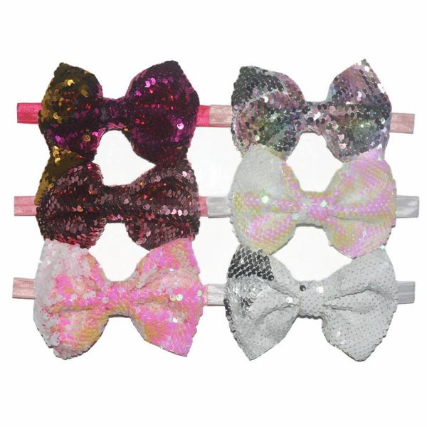 

mengna girls reversible sequin hair bow headband ,5inch mermaid /fish scale big bow hair accessories 36pc/lot, Slivery;white