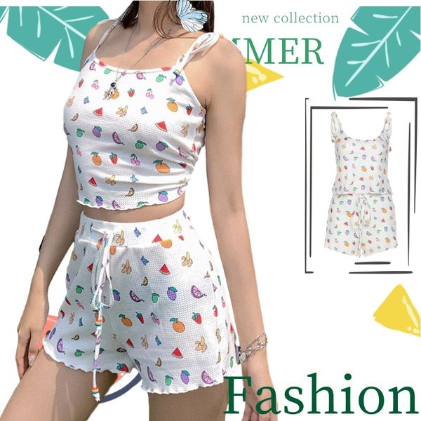 

nclagen sweet fruits print two piece set women beach casual tracksuits 2020 summer navel bare crop shorts sporty short pants, White