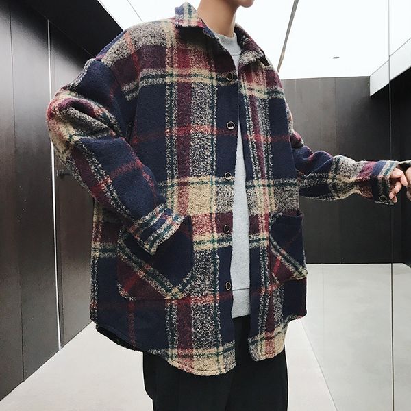 

autumn and winter men's new casual loose fashion temperament personality wild long-sleeved plaid cotton polyester wool coat, Black