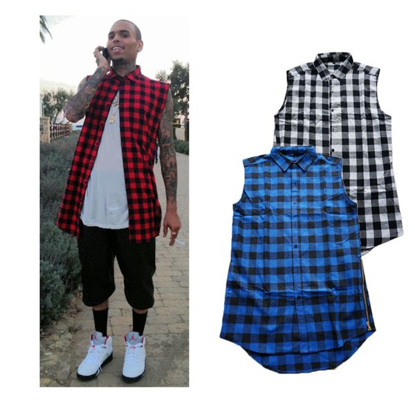 

new casual mens summer style tyga swag hip hip hip hop tees t shirts red black blue plaid side zipper urban clothing clothes, White;black