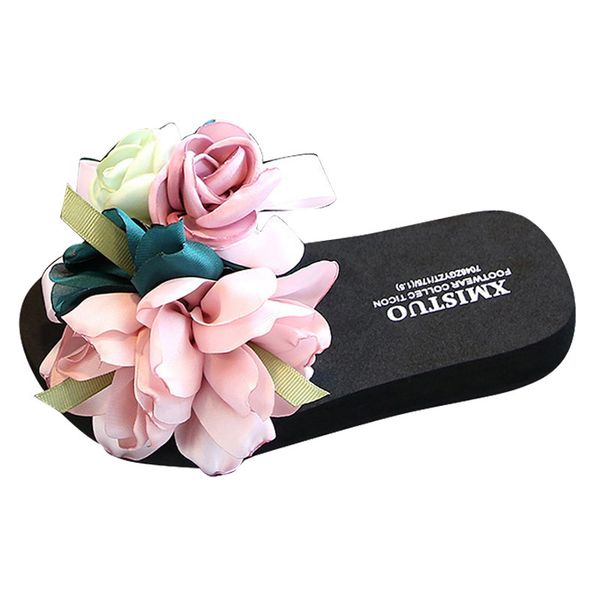 

summer new lady flowers flat sandals beach non-slip soft bottom little girls cool slippers fashion open toe princess shoes t200507, Black;red