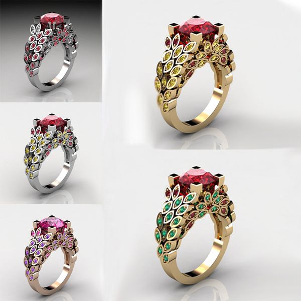 

vintage rings wholesale fashion jewelry gold color red stone with zircon pretty leaf rings for women party gifts, Slivery;golden