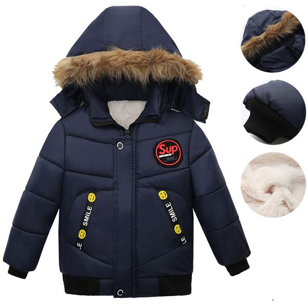 

2019 winter thicken windproof warm kids coat for boys fur hooded coat children outerwear cotton filler long baby boys jackets, Blue;gray