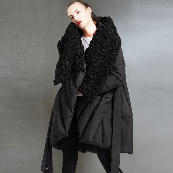 

2019 winter loose down jackets brands imitate beach wool hooded cloak down jacket women hooded 18968, Black