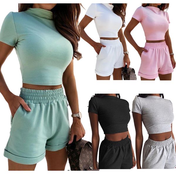 

turtleneck two-piece women shorts set casual short sleeve womens tracksuit tight female suits summer sport suit, Gray