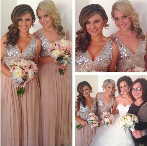 

Crystal Sequins Chiffon Rose Gold Bridesmaid Dresses Plus Size Sparkly Maid of Honor Bridal Wedding Party Gowns Maternity 2018 Custom Made