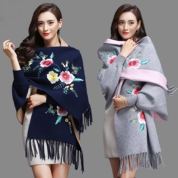 

women scarf oversized winter scarves shawl embroider thick warm tassels cotton wool blend poncho floral women's scarf cape