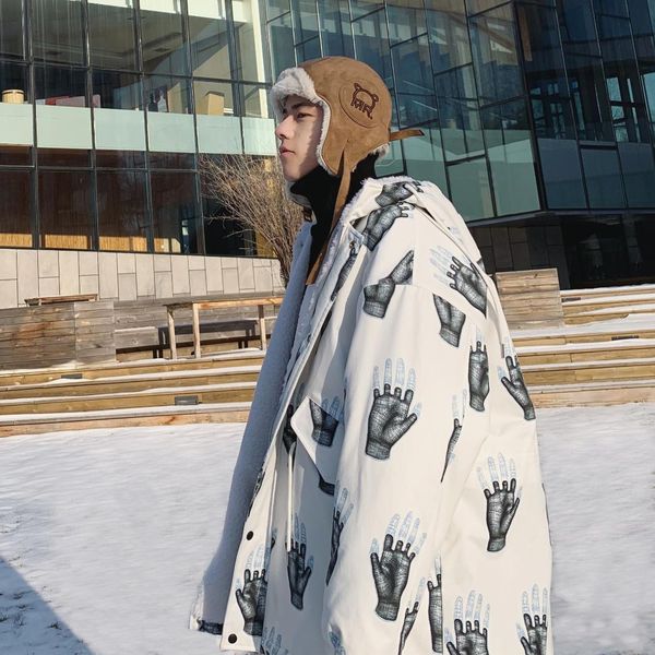 

2019 winter fur trim hood jacket men parka korean style palm printed windbreaker oversize lamb wool hoodies bubble coat, Black