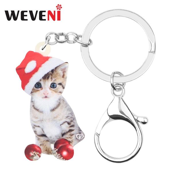 

weveni acrylic christmas hat cat kitten ball key chain key ring bag car purse keychain decoration accessory for women girls gift, Silver