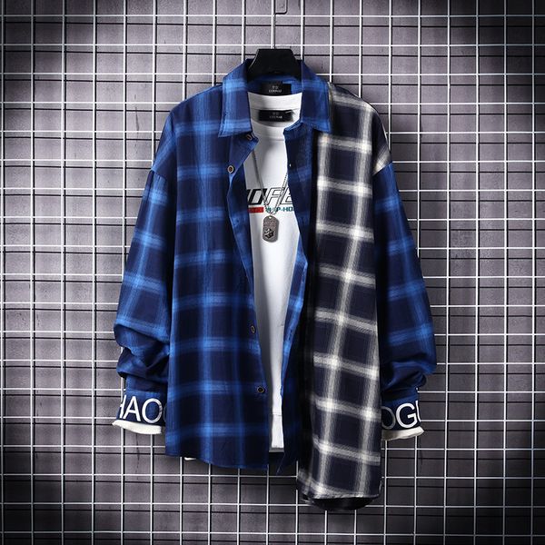 

autumn blue splice men shirt lattice vintage loose casual shirt men fashion camisa estampada korean mens coat new bb60ncs, White;black