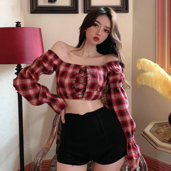 

нана моды женских платьев магазина французской площадь воротник puff sleeve бинты top сердце машина hong kong стиль плед с длинным рукавом w, White