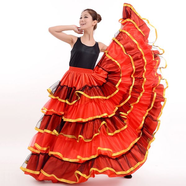 

spanish flamenco skirts women flamengo dance costumes gypsy skirt ladies ballroom dancing dress stage show wear clothing dn3049, Black;red