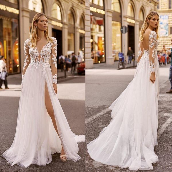 

wedding dresses v neck appliqued long sleeves lace bridal gowns backless high split ruffle sweep train robes de mariÃ©e, White