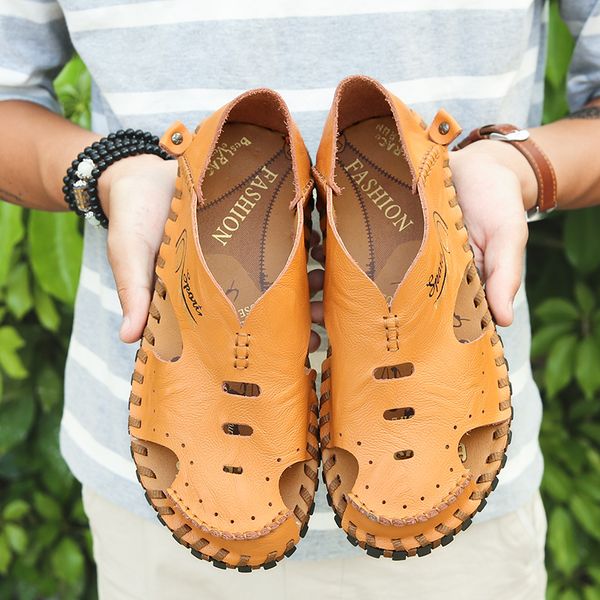 

fashion sandals men sandalia masculina genuine leather beach shoes mens handmade 2020 new summer breathable slip on high quality, Black