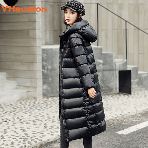 

yhavaton winter women plus size fashion white duck down jacket hoodie long parkas warm jackets female winter coat clothes, Black