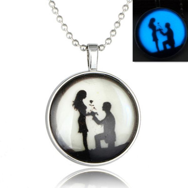 

glow in the dark necklace silhouette couple on beach necklace moon-beach-engagement art p glowing jewelry gifts for lovers, Silver