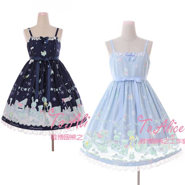 

cute ice doll snowflake jsk lolita dress fairy kei sleeveless sashes bear lace trim bows fancy dolly dress navy blue & sky blue, Black;red