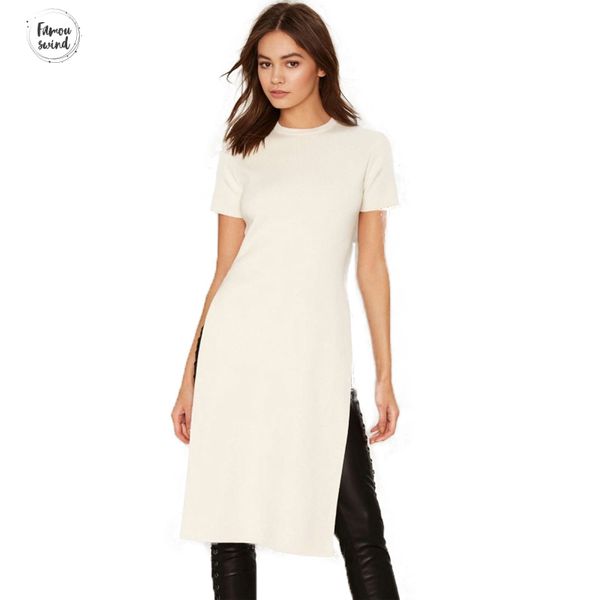 

сплошной 2 цвета рубашка шея экипаж с коротким рукавом side разделить повседневное tops краткого streetwear элегантных твердые женщин длинно, White