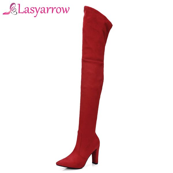 

lasyarrow slim over the knee boots women's black red thigh high boots flock chunky high heel long botas feminina elastic