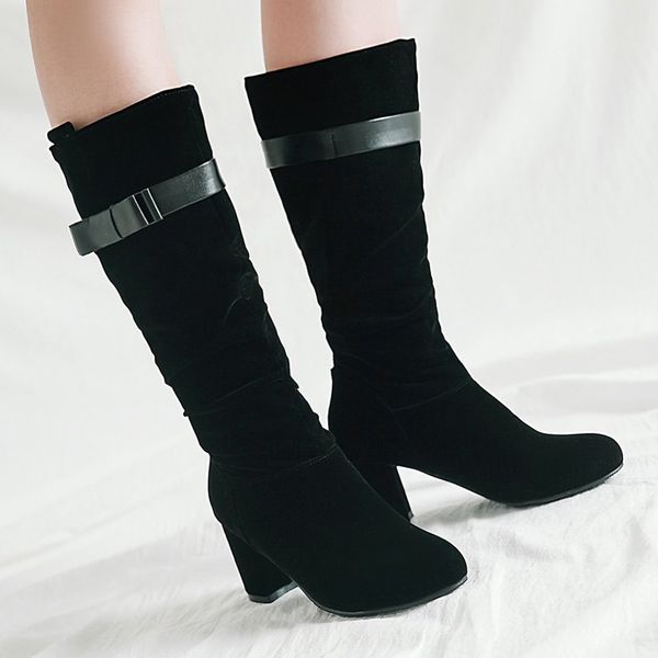 

women chunky mid heel pull on cowgirl cowboy boots round toe slip-on boots chunky heels vintage women zapatos de mujer, Black