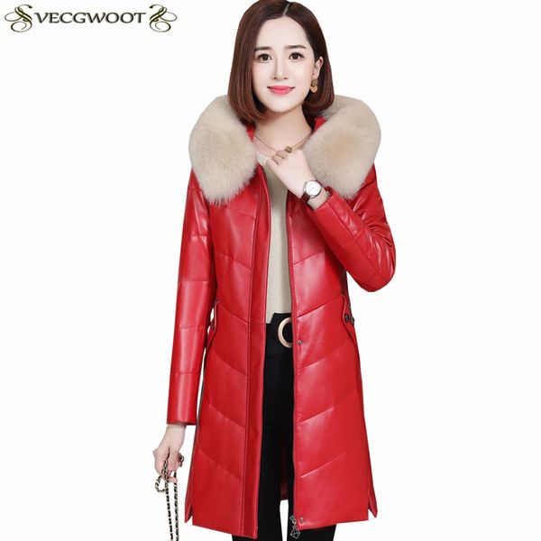 

women long genuine leather jacket women new winter fashion warm hooded genuine leather down jacket plus size lj004, Black