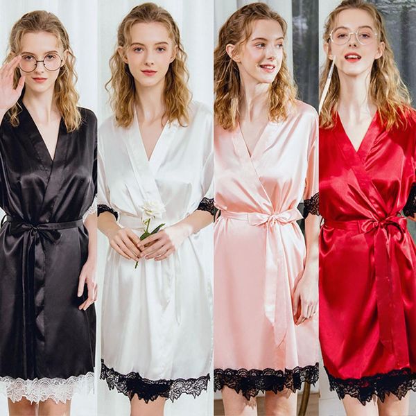 

женщины сексуальные атласные кружева халат пижамы лето осень пижамы с длинными рукавами домашняя одежда халат черный красный мода 2019 новый, Black;red