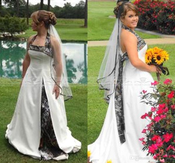 

Country Style Camo Wedding Dresses 2019 Elegant Halter A Line Sweep Train Camouflage Satin Plus Size Wedding Bridal Gowns Custom Made Cheap