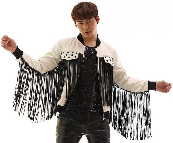 

male pu leather costumes jacket tassels outfit blazer fashion coat cool show for stage nightclub bra singer performance wear, Black