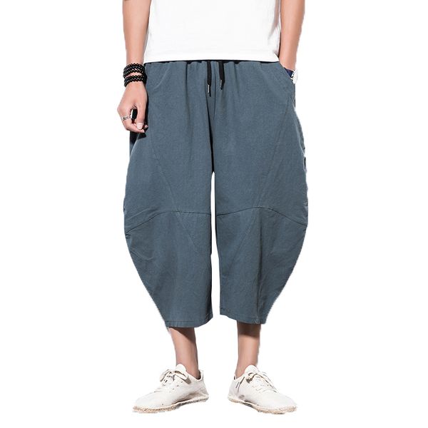 

summer men casual linen wide leg pants japan style hipster vintage harem cross calf-length pants drawstring cotton trousers 5xl, Black