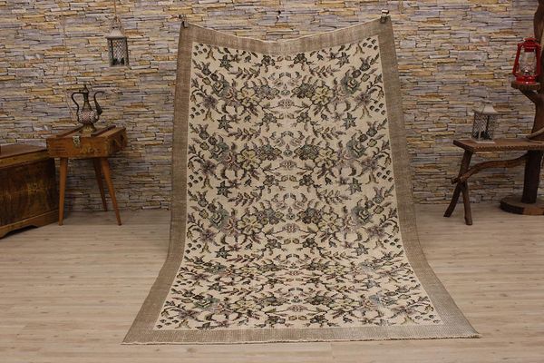 

hand-knotted vintage rug, turkish floral design rug