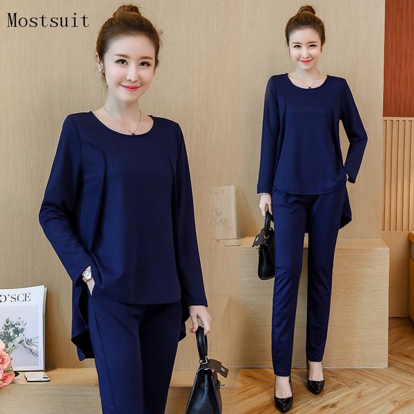 

l-5xl 2019 autumn black blue casual women set long sleeve fake two piece +pants women suit sets plus size women's costumes y190923, Black;white