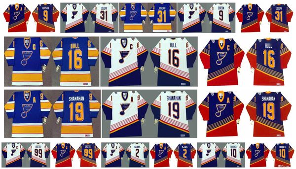 

vintage st. louis blues jersey 10 esa tikkanen 19 shanahan 2 al macinnis 31 curtis joseph 16 brett hull 99 wayne gretzky retro ccm hockey, Black;red