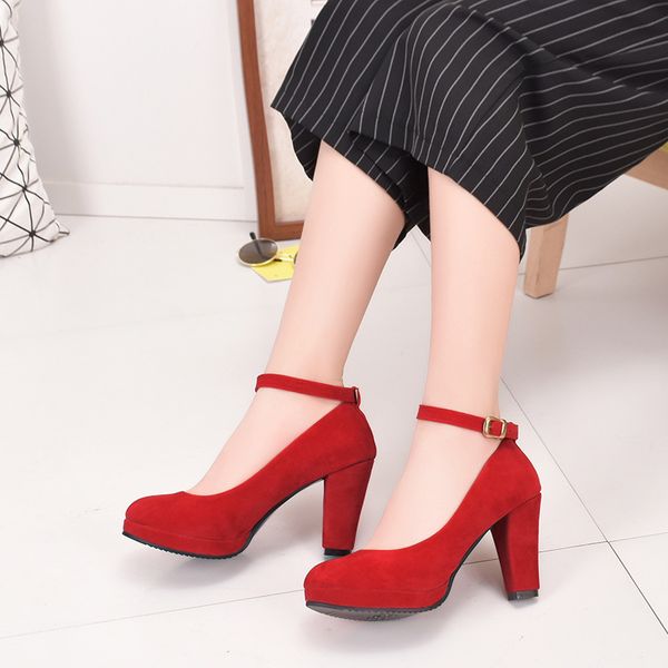 

red ankle strap 9cm high heels autumn flock round toe high heels female platform summer shoes women pumps sandals muje jkm89, Black