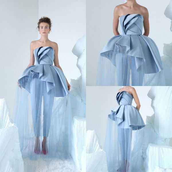 

2019 Fashion Women Jumpsuits Evening Dresses Tulle Satin Ruffles Formal Prom Dress Custom Made Special Occasion Party Gowns, Black;red