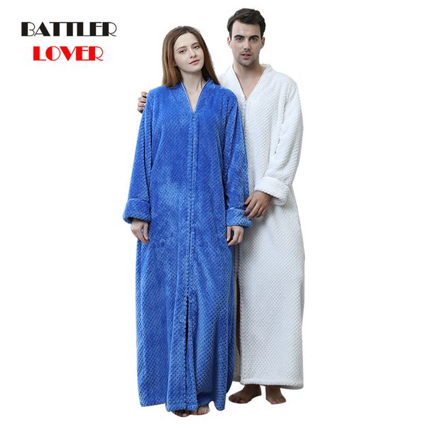 

men winter extra long thick warm bath robe plus size zipper luxury flannel peignoir pregnant bathrobe women coral fleece robes, Black;brown