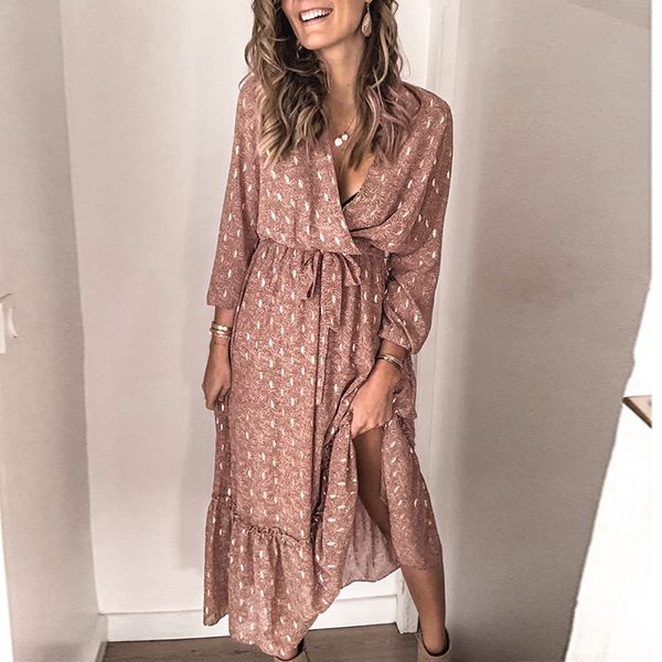 

beavant elegant long sleeve printed dress women spring summer v-neck ruffle dresses elegant female high waist casual dress beach, Black;gray