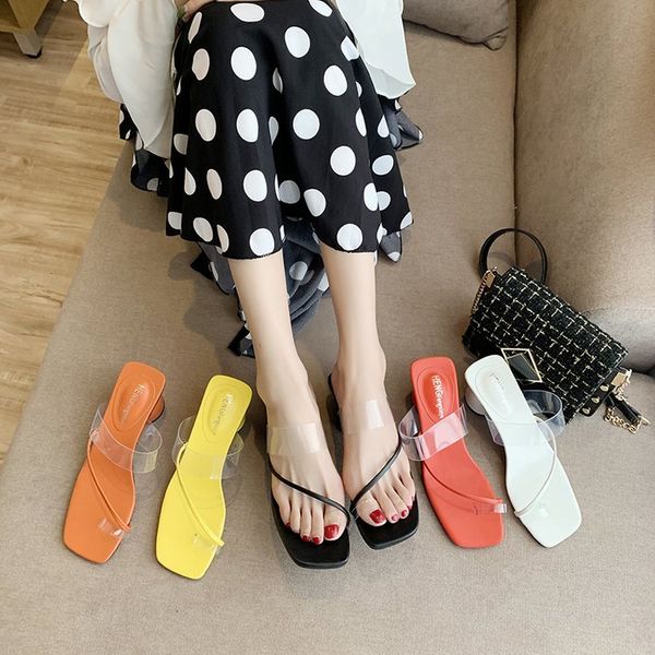 

transparent slippers square heel female shoes slides shose women rubber flip flops med block 2020 soft summer, Black