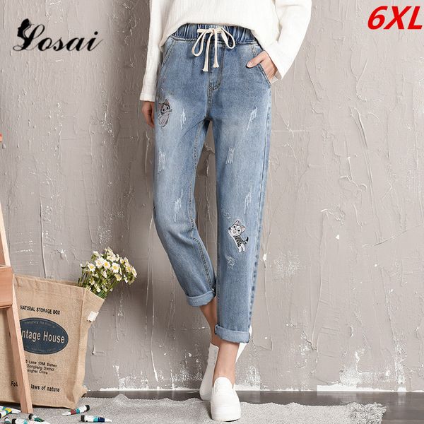 

plus size 6xl jeans woman mom jeans pants boyfriend for women high waist ladies denim pants ripped for women, Blue