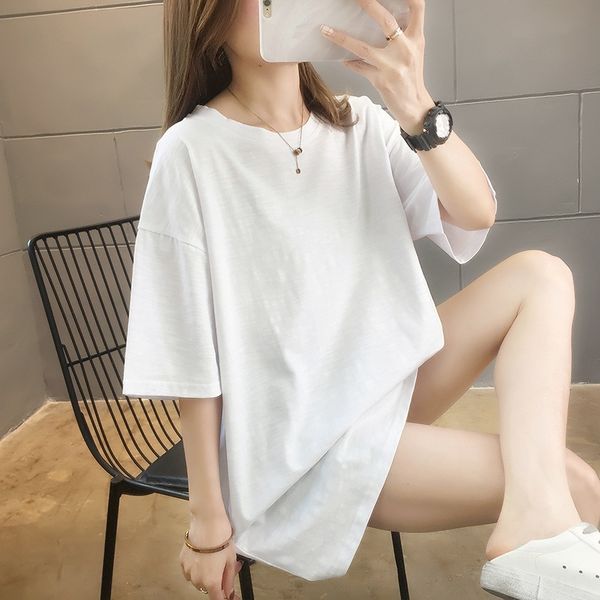 

2020 лето с короткими рукавами студенткам случайные футболки футболки сплошной цвет модный верхний рыхлый больших размеров женской одежды, White