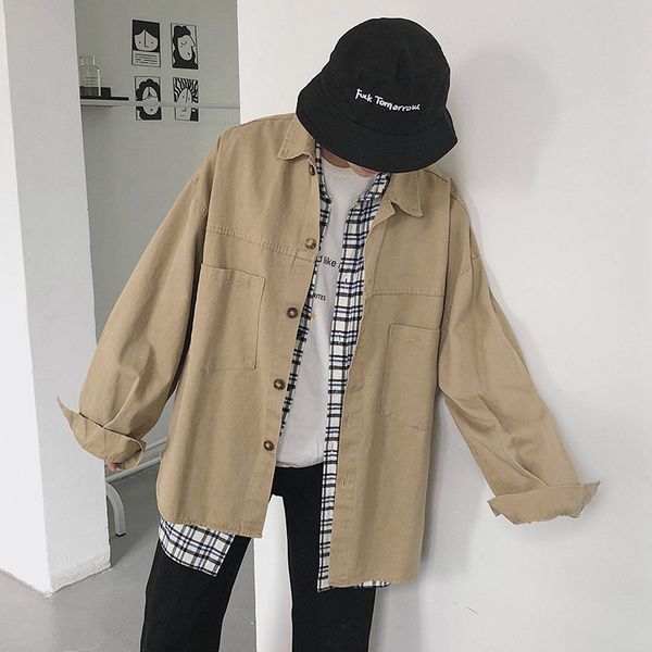 

oversized men cargo shirts coat 2019 mens pockets long sleeve retro khaki shirts male korean jackets sa-8, White;black