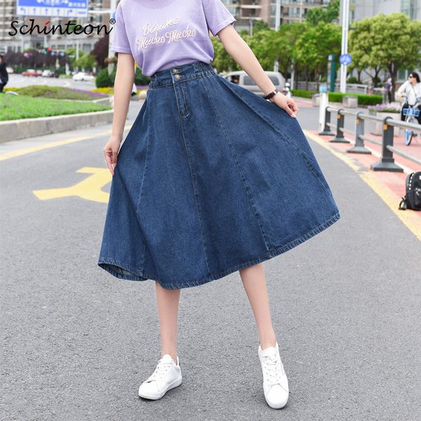 

schinteon women denim a-line skirt elastic waist summer jeans casual long skirt plus size high wasit new arrival, Black