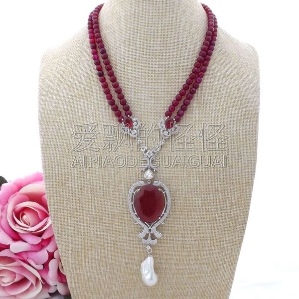 

k110102 19" 2strands red a1gate necklace keshi pearl cz pendant, Silver