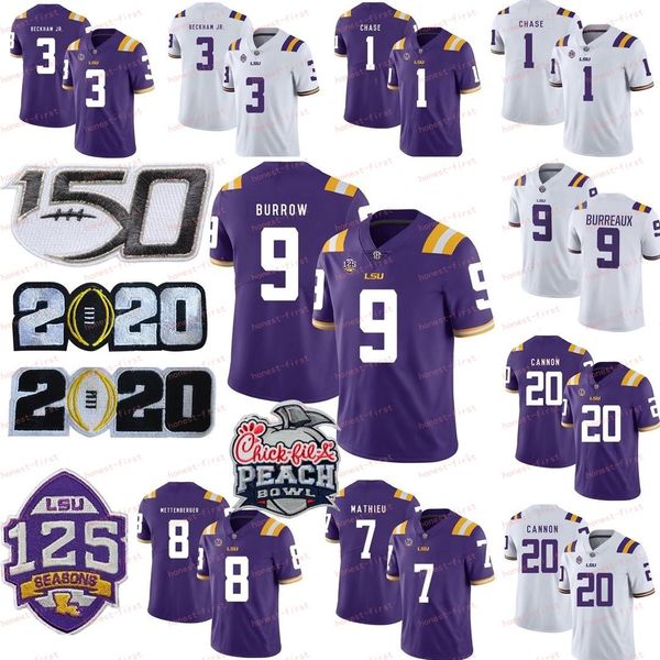 

ncaa lsu tigers 9 joe burrow nickname burreaux kristian fulton jamarr chase grant delpit 125th 150th 2020 peach bowl college football jersey, Black