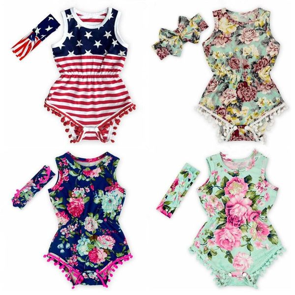 Baby Girls Roupas ToDdler Bandeira Americana Floral Tassel Macacão Verão 4 de julho Dia Independence Jumpsuit Headbands Ins Kids Roupas LT