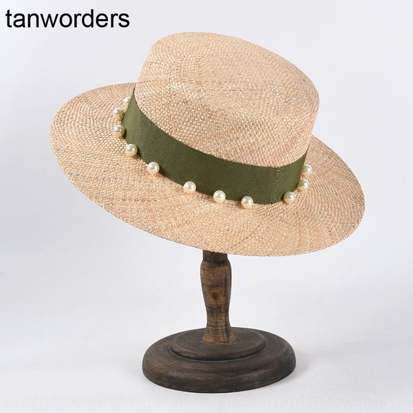 

natural straw female pearl sunscreen cap flat cap flat hat beach holiday sunscreen hat, Blue;gray