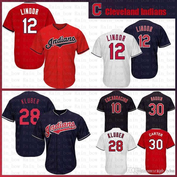 

New Cleveland 12 Francisco Lindor Indians Baseball Jerseys 30 Joe Carter 24 28 Corey Kluber 10 Edwin Encarnacion Jersey